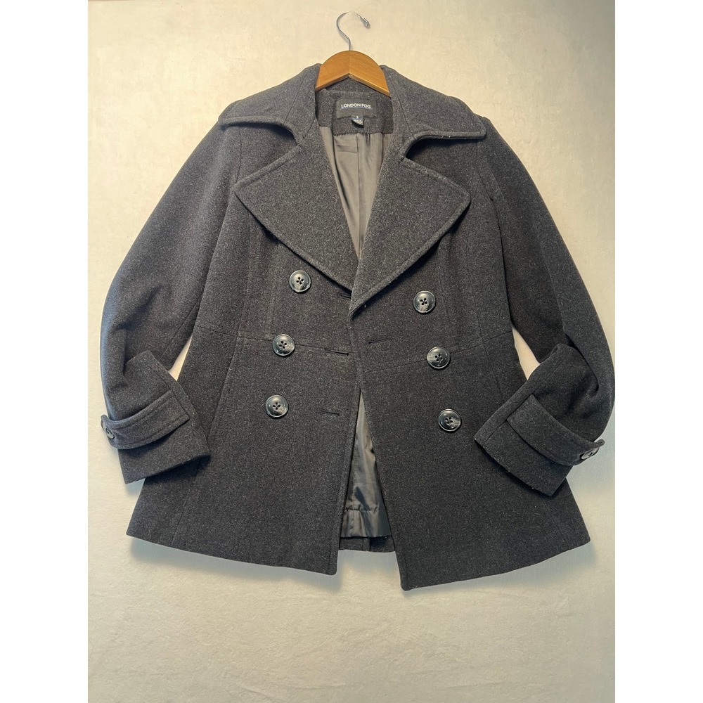 London Fog S Peacoat Classic Preppy Charcoal Grey Wool Blend Double Breasted Y2K